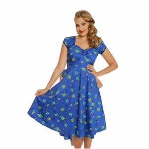 Lindy Bop Bella Blue Atomic Owl Swing Dress NWT